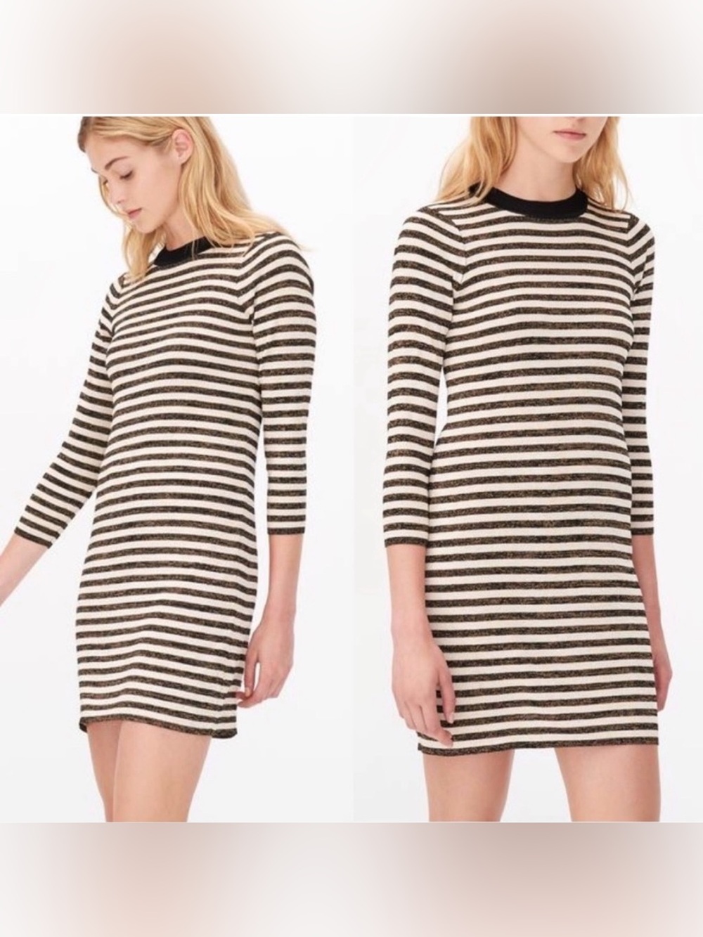 SANDRO • Striped lurex gold black ecru dress XS metallic threading party